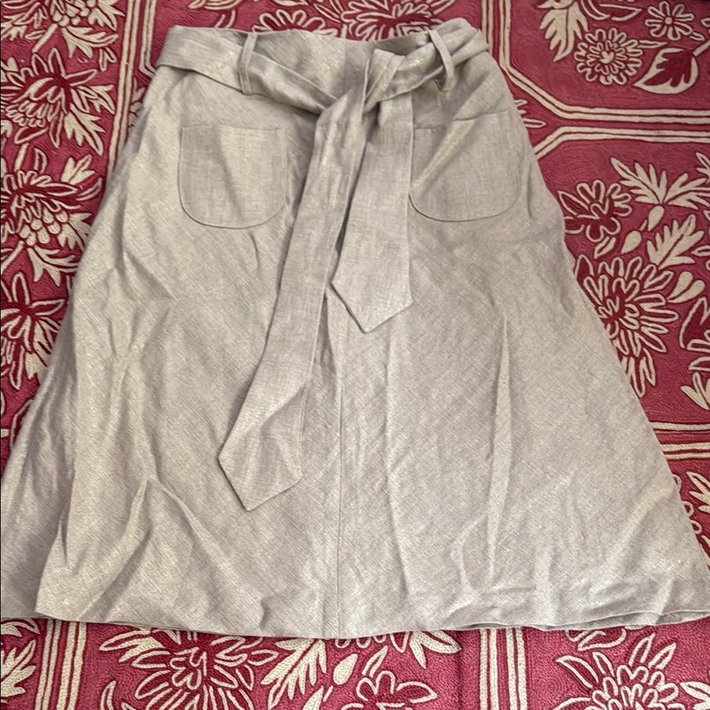 Tan A-Line Midi Skirt with Tie Front for Work